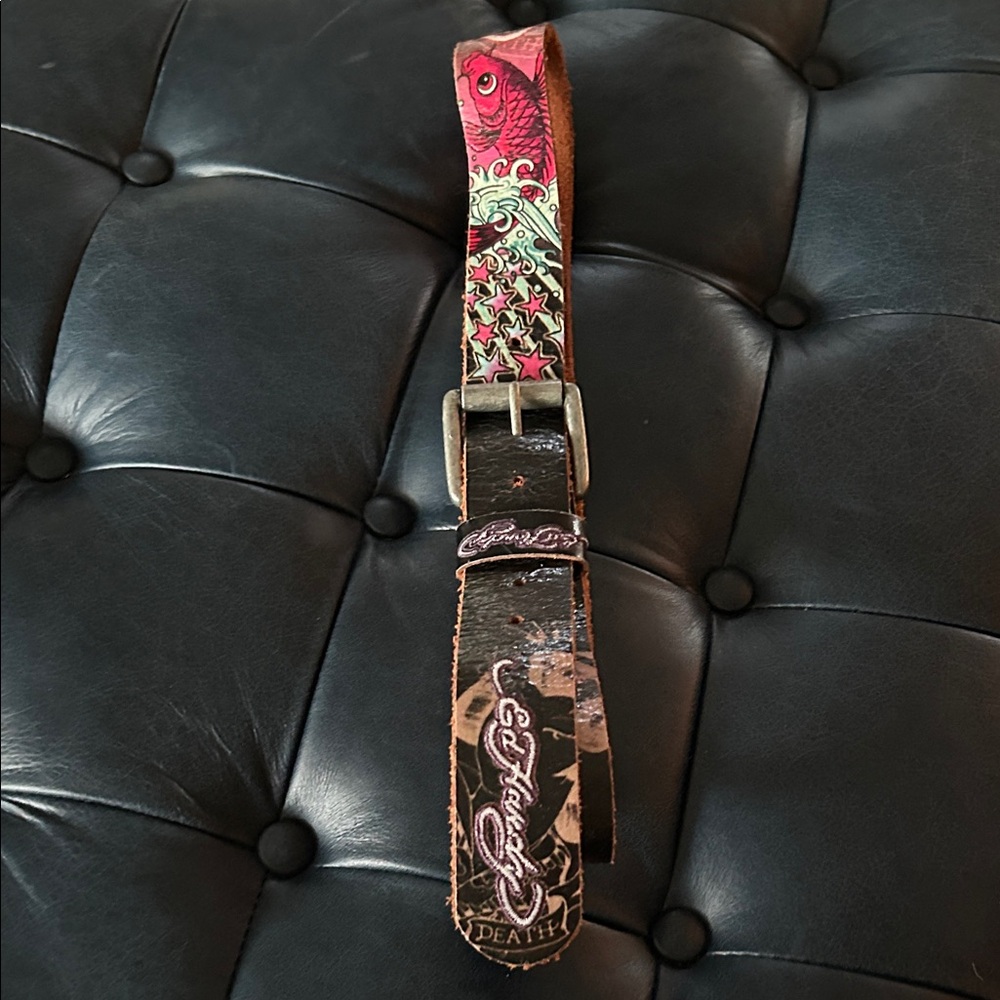 Vintage Ed Hardy Multicolor Fish Leather Belt size M or S